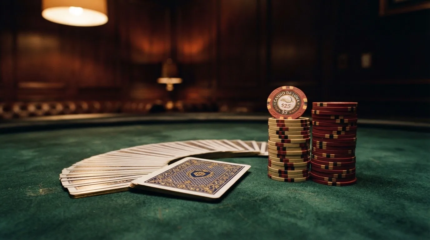 Kortlek och staplar av spelmarker på ett grönt filtbord i en dunkel salong, varmt lampsken — svenska casinon med zimpler