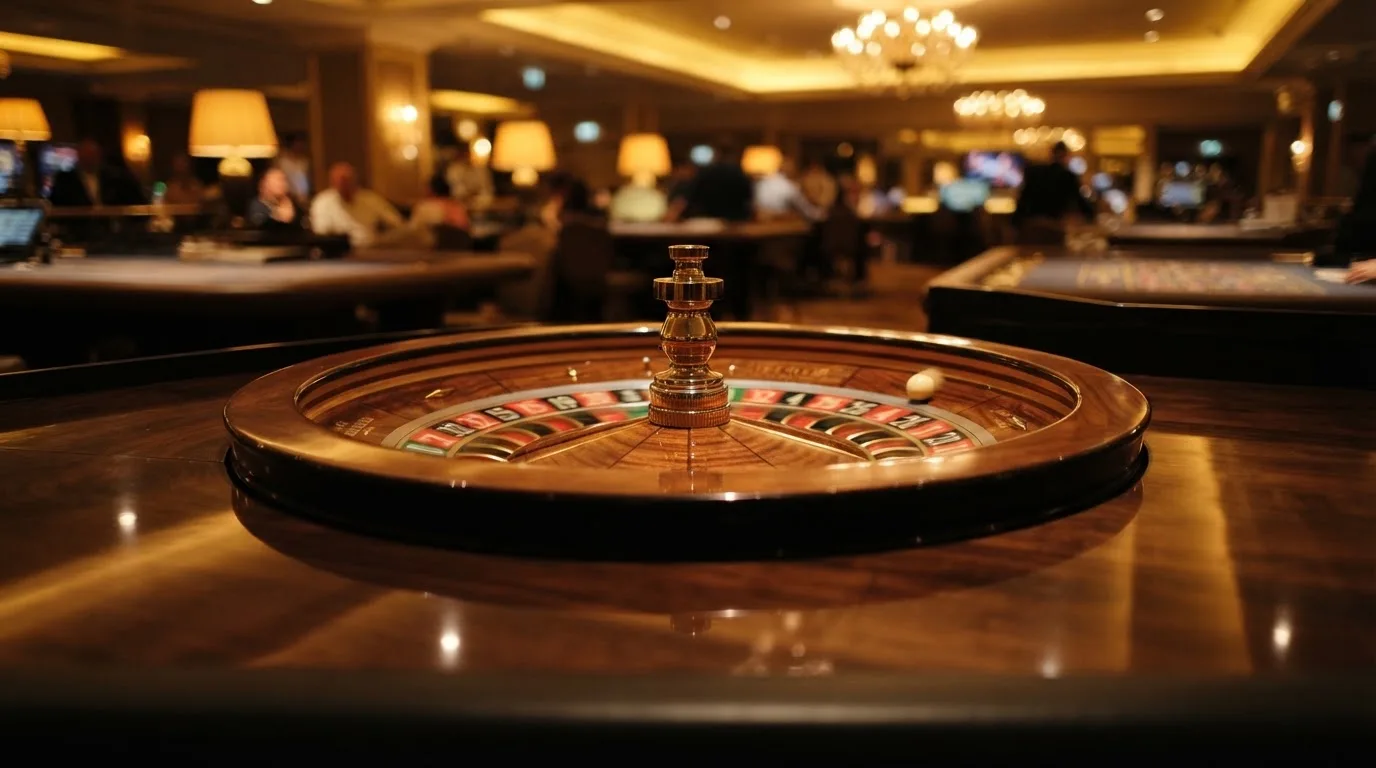 Ett roulettehjul snurrar på ett blankt träbord, den vita kulan glimmar i takljusets guld — svenska casinon på android