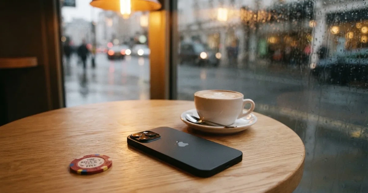 En mobil med framsidan nedåt på ett kafébord, bredvid en latte och regn mot rutan — svenska casinon på android