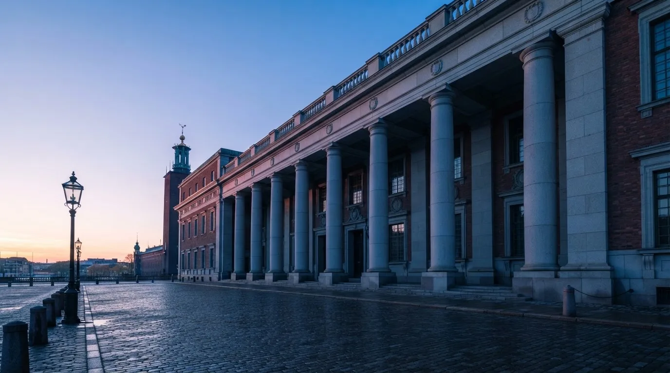 Stenfasad på en statlig byggnad i Stockholm vid gryning, höga pelare och ett tomt torg framför — svenska casinon på ios