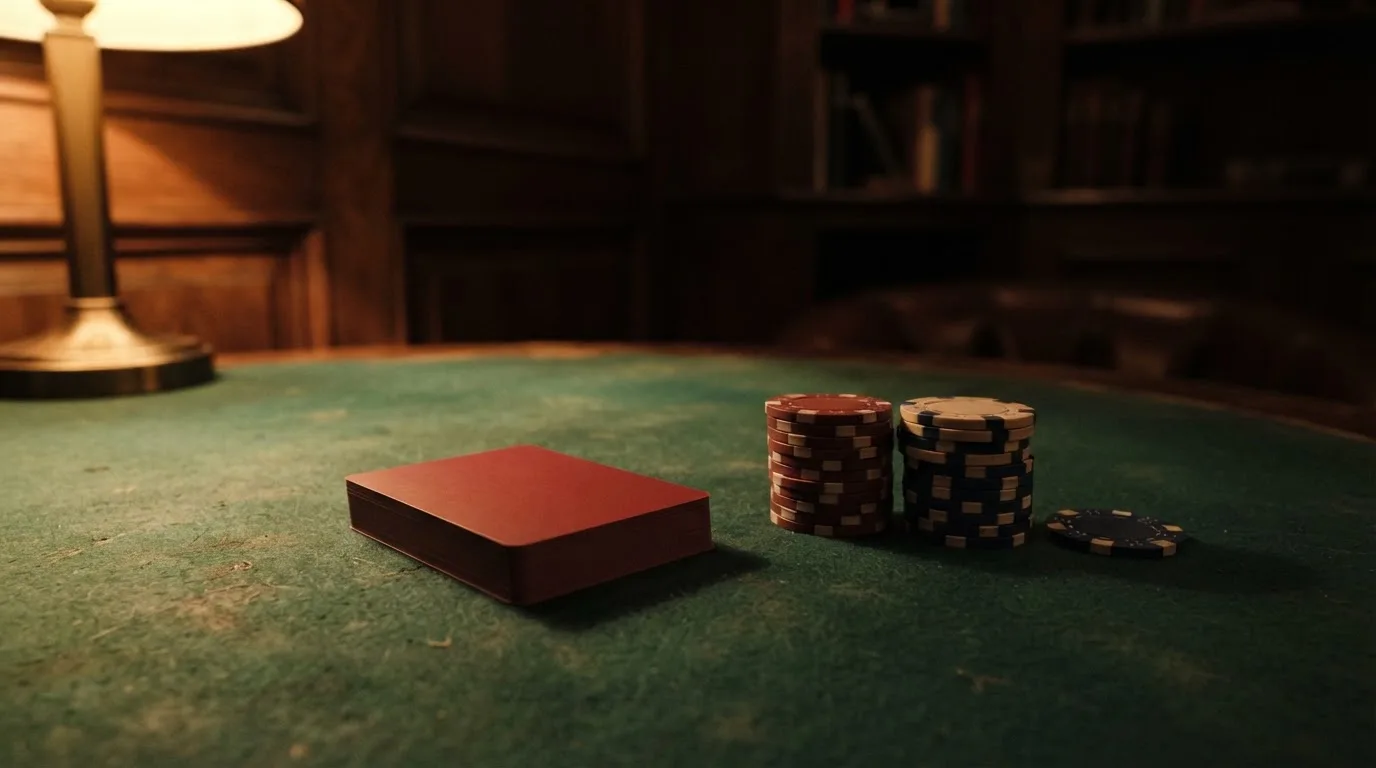 Kortlek och staplar av spelmarker på ett grönt filtbord i en dunkel salong, varmt lampsken — svenska casinon utan konto