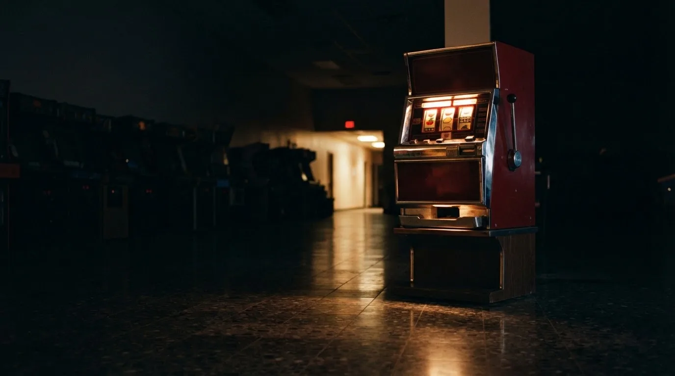 En gammal spelautomat lyser i den dunkla hallen och speglar sig i golvet — svenska casinon utan registrering