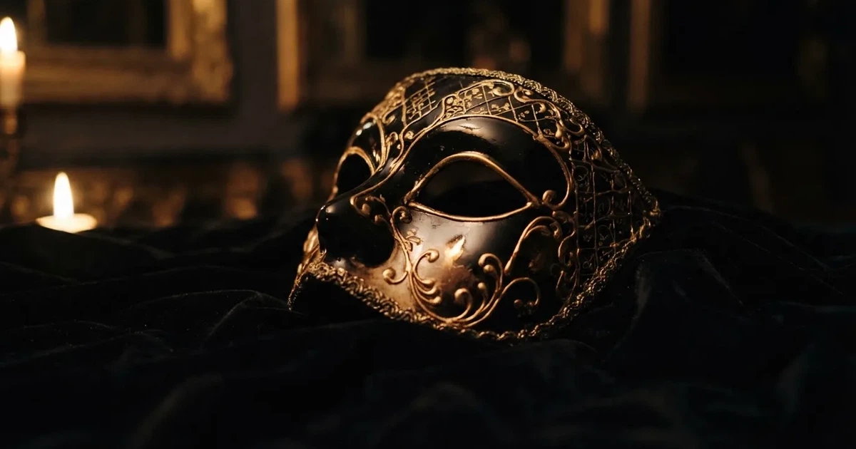 En venetiansk mask på svart sammet, ljuslågan speglas i dess blanka yta — svenska casinon utan registrering