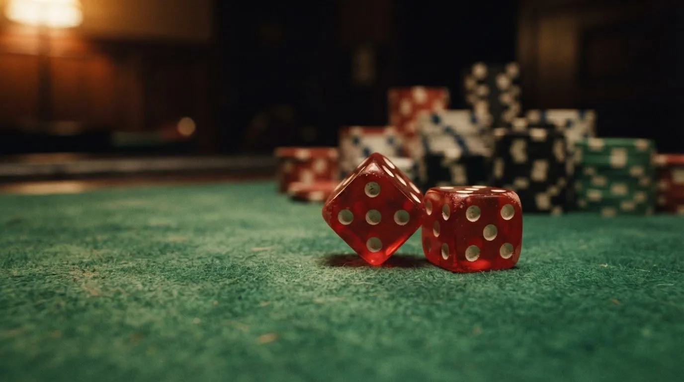 Röda tärningar vilar på grönt filt, bakom dem suddiga torn av spelmarker i kvällsdunklet — svenska casinon utan spelpaus