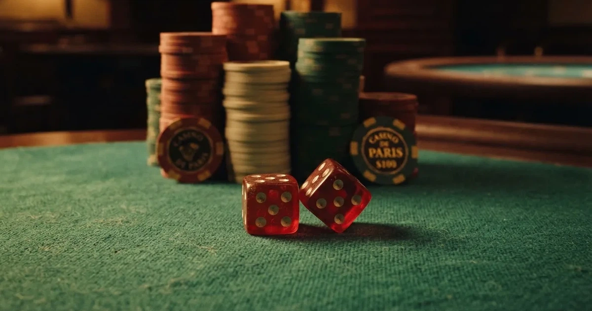Röda tärningar vilar på grönt filt, bakom dem suddiga torn av spelmarker i kvällsdunklet — svenska internet casinon