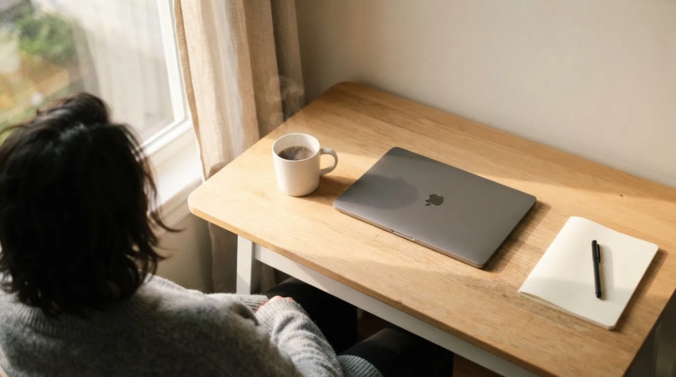 En person sitter vid ett skrivbord hemma med en kopp kaffe och en bärbar dator stängd bredvid sig i morgonljus.