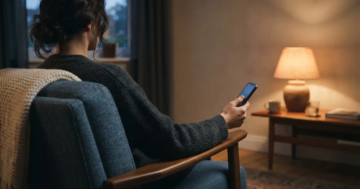 En hand håller en smartphone med skärmen vänd nedåt medan personen sitter avslappnat i en fåtölj i mjukt ljus.