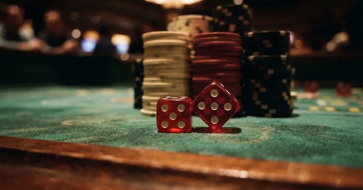 Röda tärningar vilar på grönt filt, bakom dem suddiga torn av spelmarker i kvällsdunklet — svenska online casinon