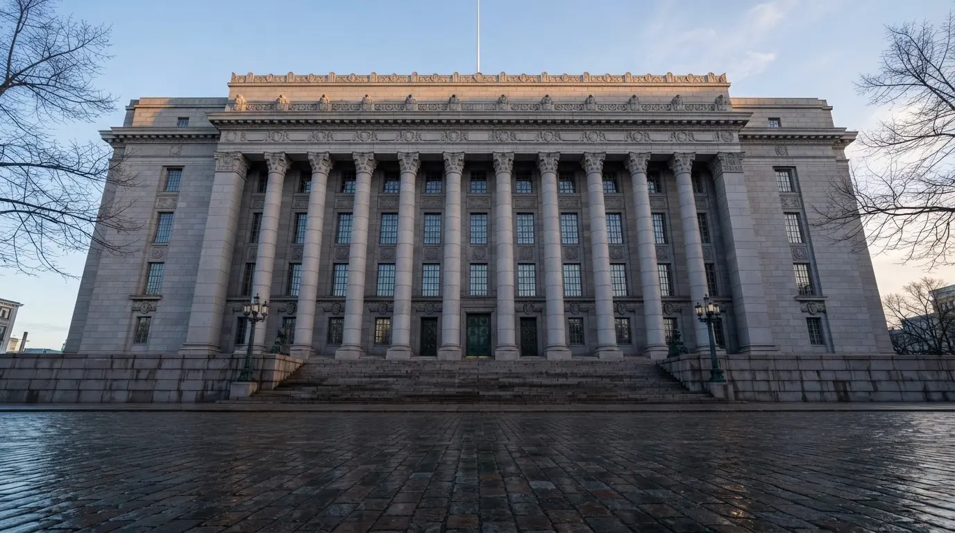 Stenfasad på en statlig byggnad i Stockholm vid gryning, höga pelare och ett tomt torg framför — svenska online casinon