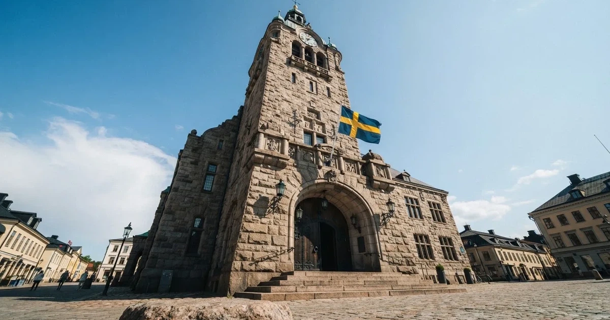 Ett gammalt stadshus i sten fotograferat underifrån mot en klarblå himmel, med den svenska flaggan som fladdrar ovanför entrén.