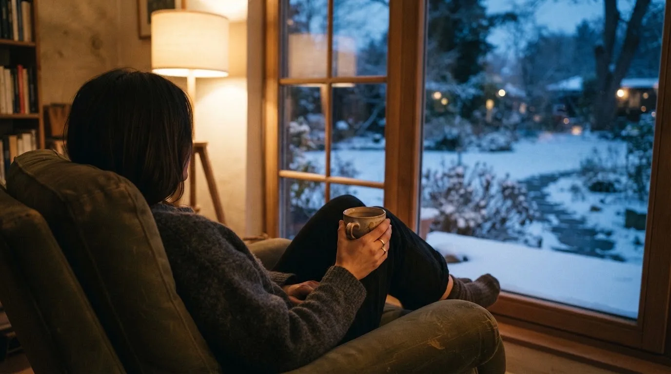 En person sitter ensam vid ett fönster i skymningen och håller en tekopp, med en rofylld vinterträdgård synlig utanför glaset.