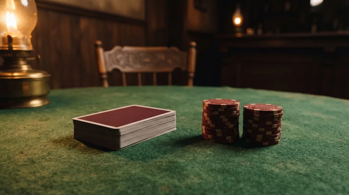 Kortlek och staplar av spelmarker på ett grönt filtbord i en dunkel salong, varmt lampsken — utländska casinon i sverige