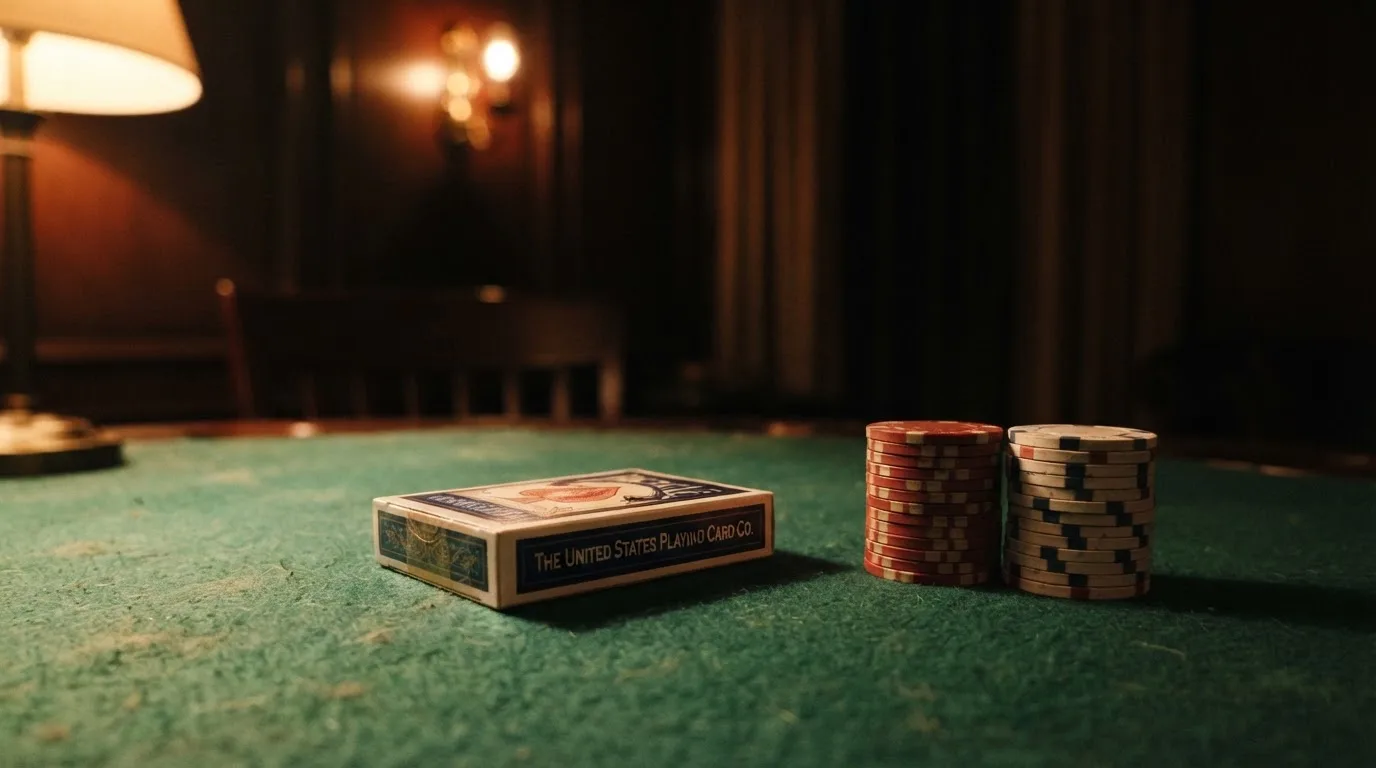Kortlek och staplar av spelmarker på ett grönt filtbord i en dunkel salong, varmt lampsken — vinna på svenska casino